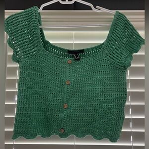 Green Crochet Button-Up Top